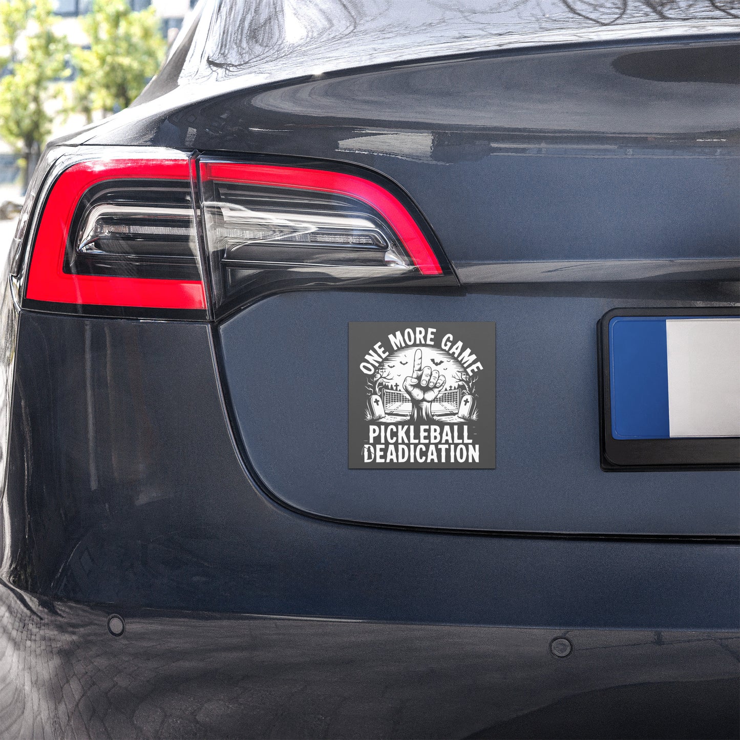 “Dead‑ication” Pickleball Car Magnet – Graveyard One‑More‑Game Dark Design (5×5)