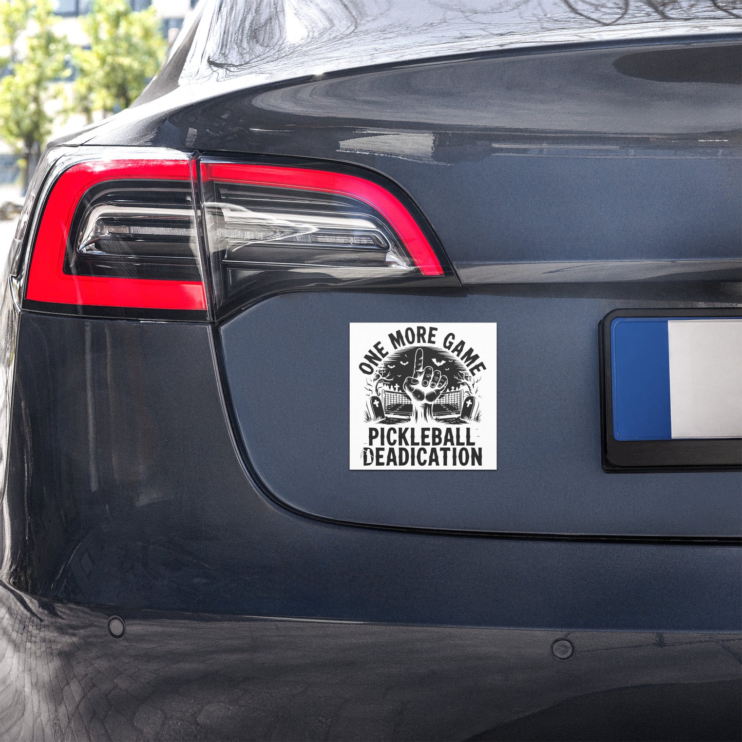 “Dead‑ication” Pickleball Car Magnet – Graveyard One‑More‑Game Light Design (5×5)